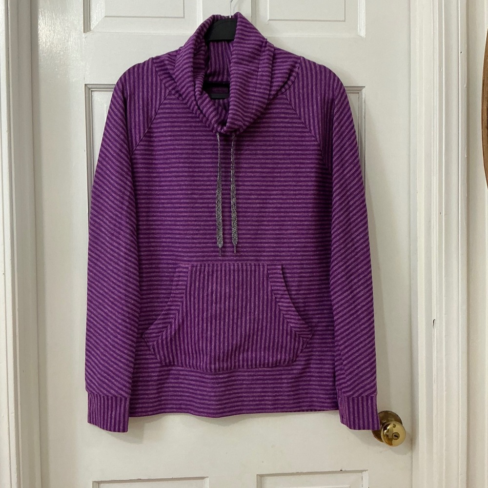 Outdoor Research Cowl Neck Striped Pullover L Purple Active Trail Hiking Granola